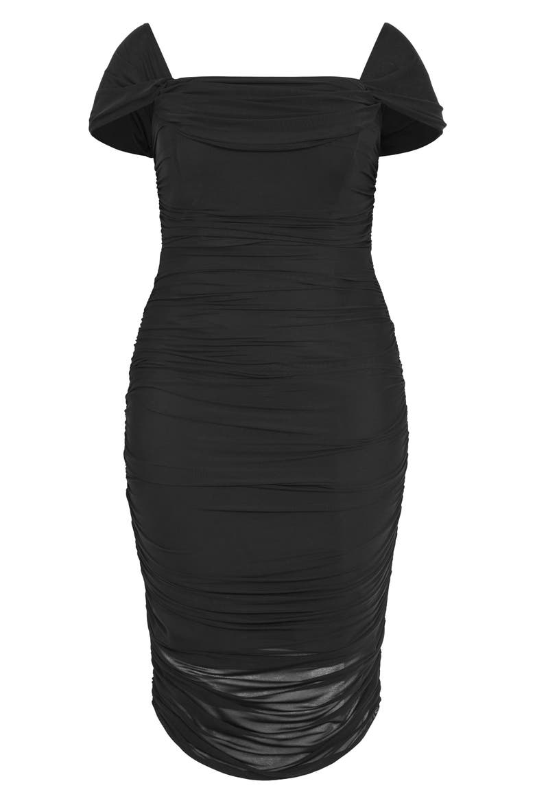Jazmin Off the Shoulder Ruched Mesh Dress, Alternate, color, BLACK