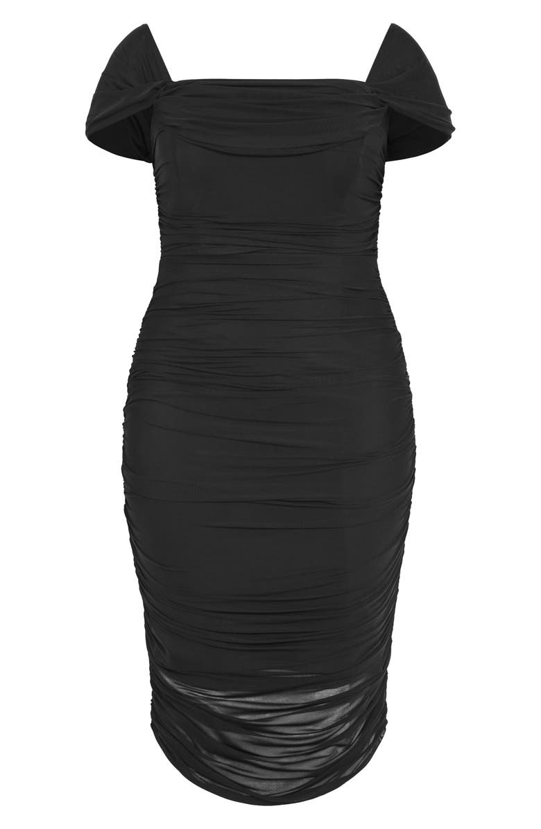 City Chic Jazmin Off the Shoulder Ruched Mesh Dress, Alternate, color, Black