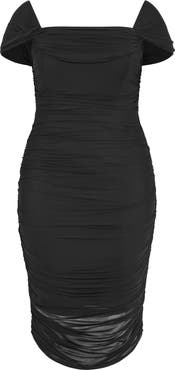 City Chic Jazmin Off the Shoulder Ruched Mesh Dress