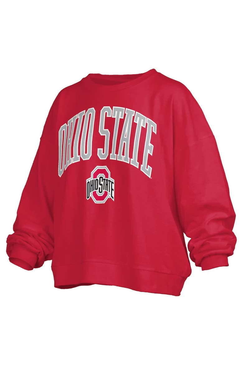 Women's Pressbox Scarlet Ohio State Buckeyes Janise Arch Over Logo Waist Length Oversized Pullover Sweatshirt, Alternate, color, Scarlet