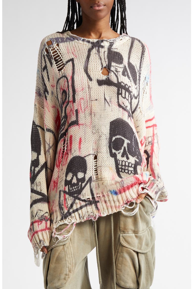 Distressed Oversize Skull Graffiti Print Sweater, Main, color, SKULL GRAFFITI PRINT