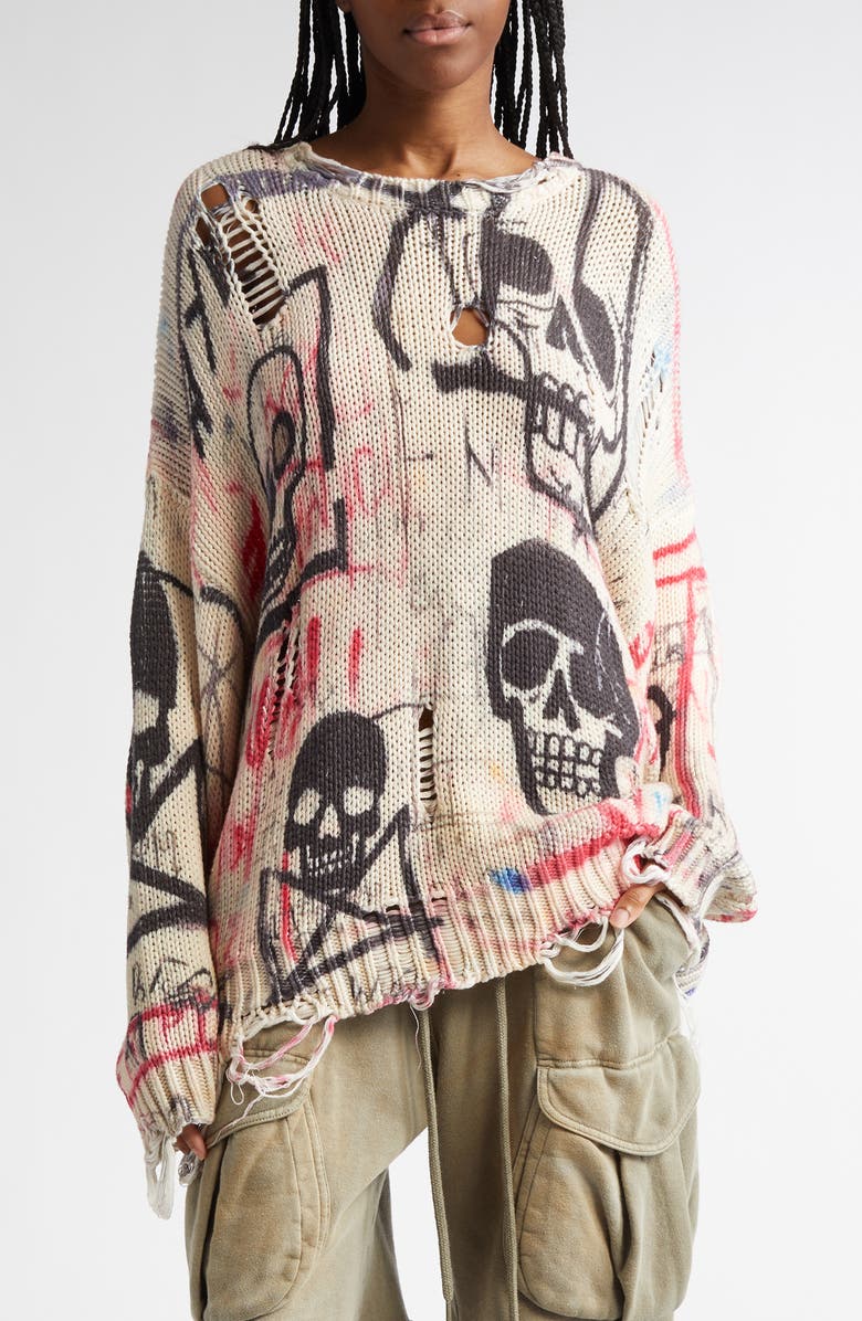 R13 Distressed Oversize Skull Graffiti Print Sweater, Main, color, 