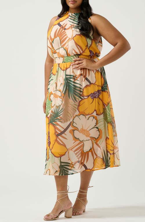 Estelle Paradisa Print Back Tie Midi Dress In Primrose/fern