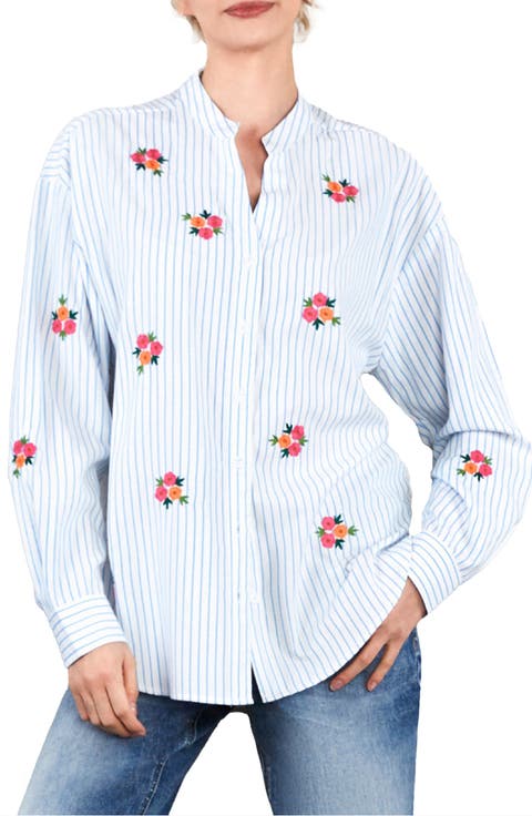 Spring Bloom Embroidered Stripe Shirt