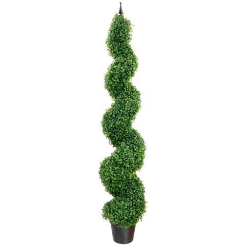 Potted Two Toned Artificial Spiral Boxwood Garden Topiary Tree - 5'