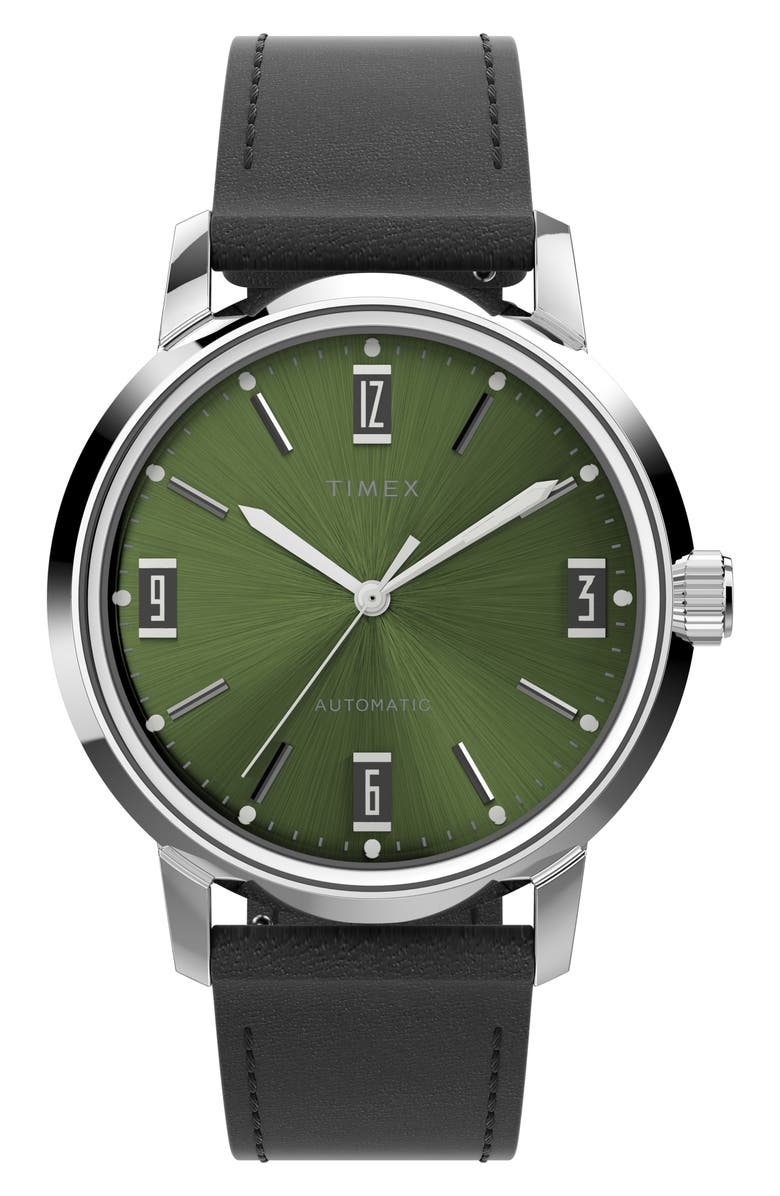 Timex<sup>®</sup> Marlin Automatic Leather Strap Watch, 40mm, Main, color, Silver/ Green/ Black