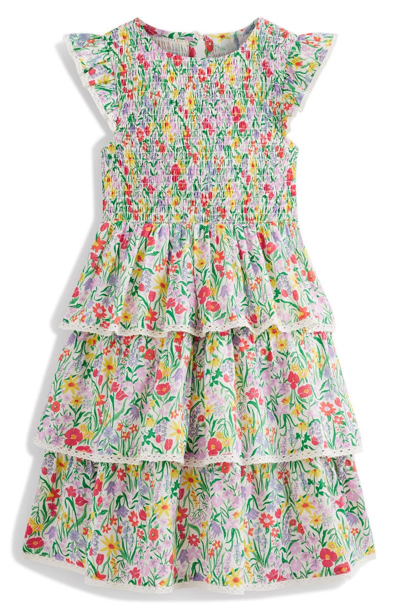 Mini Boden Kids' Floral Tiered Cotton Dress, Main, color, Multi Spring Floral