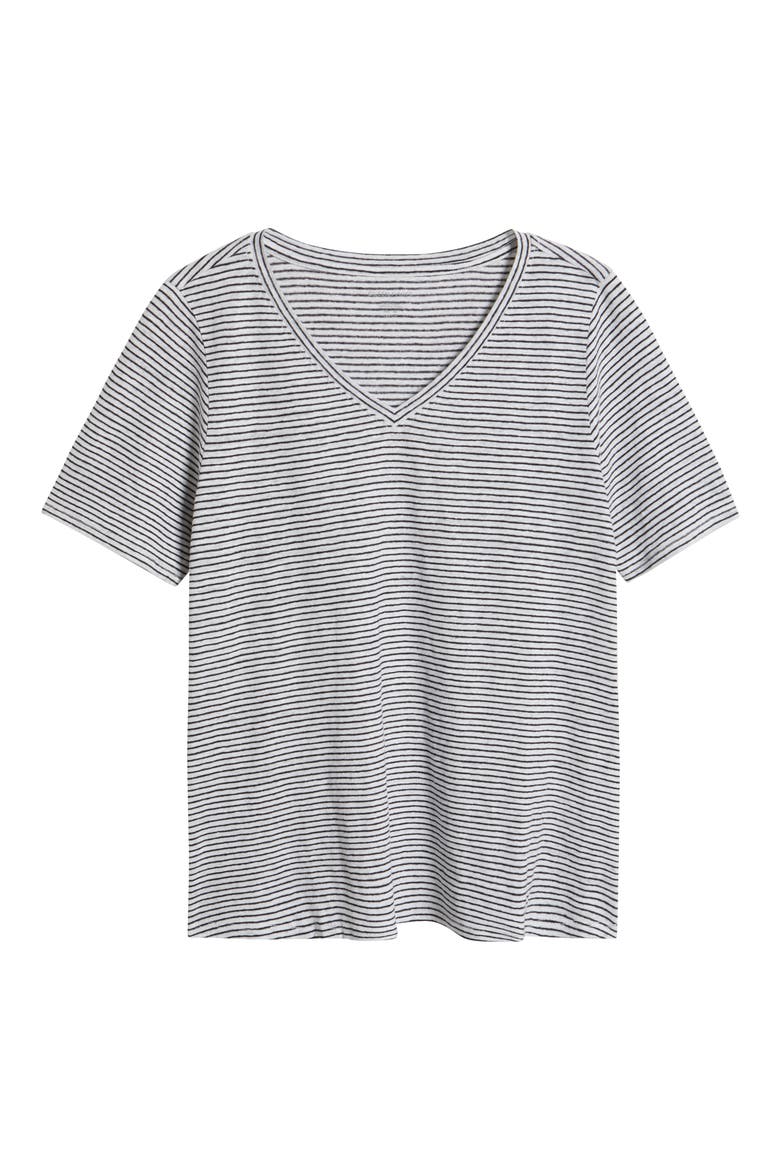 Stripe V-Neck Organic Linen T-Shirt, Alternate, color, WHITE/ BLACK