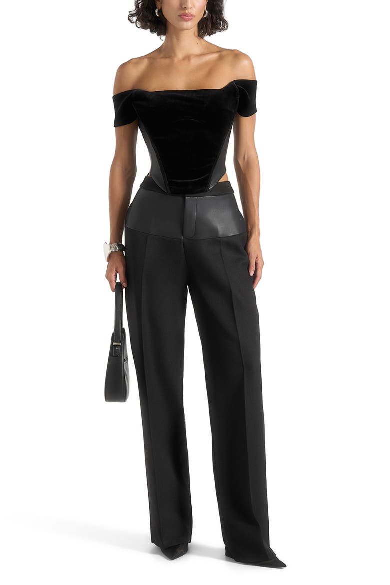 Fae Velvet & Leather Bardot Corset Top, Main, color, Black