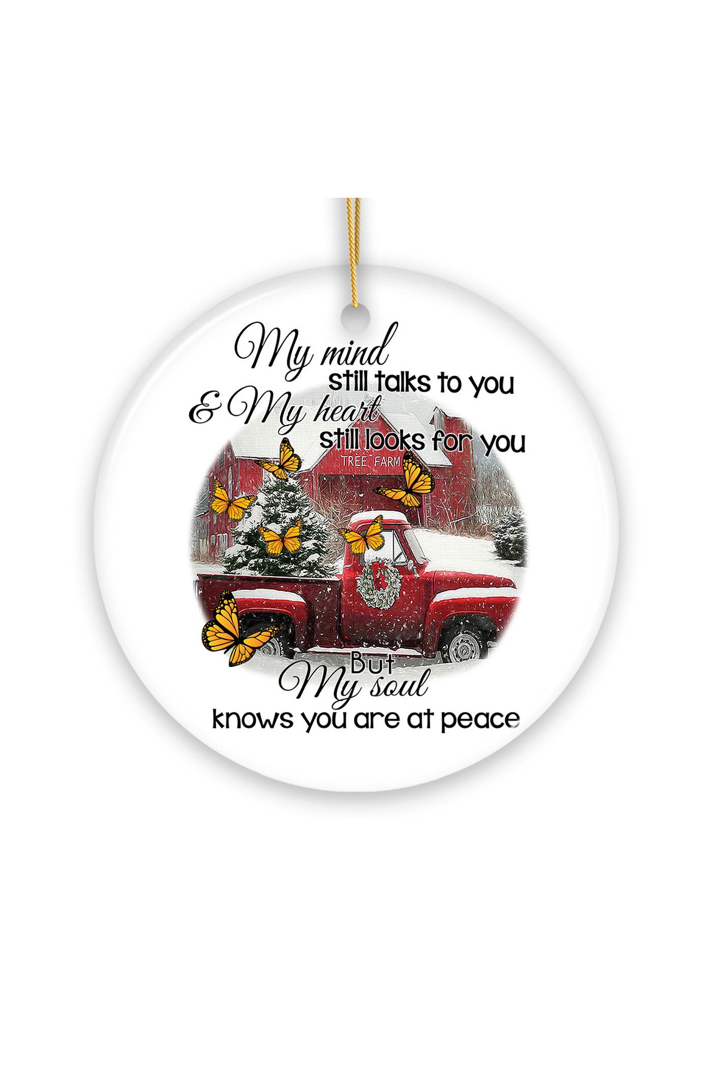 OrnamentallyYou Red Truck Monarch Butterfly Memorial Round Ornament ...