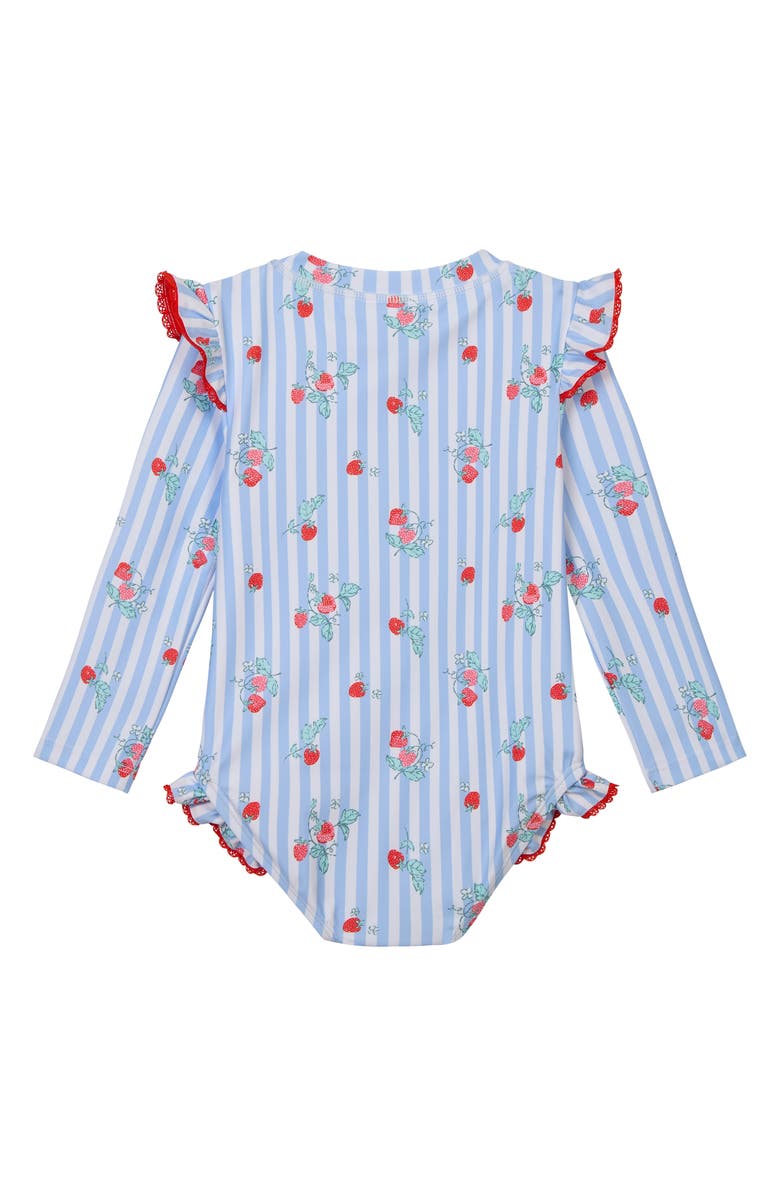 OSHKOSH BGOSH Ruffled Long Sleeve One-Piece Rashguard Swimsuit & Hat Set, Alternate, color, Sky Blue