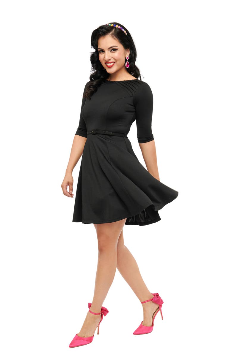 Unique Vintage Boat Neck Belted Stephanie Fit & Flare Dress, Main, color, Black Knit
