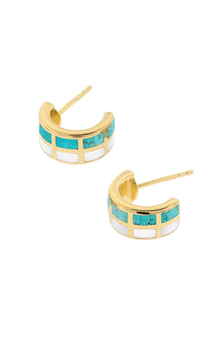 Dash Huggie Earring Set In Sterling With 18K Gold Overlay, Alternate, color, WHITE-TURQUOISE