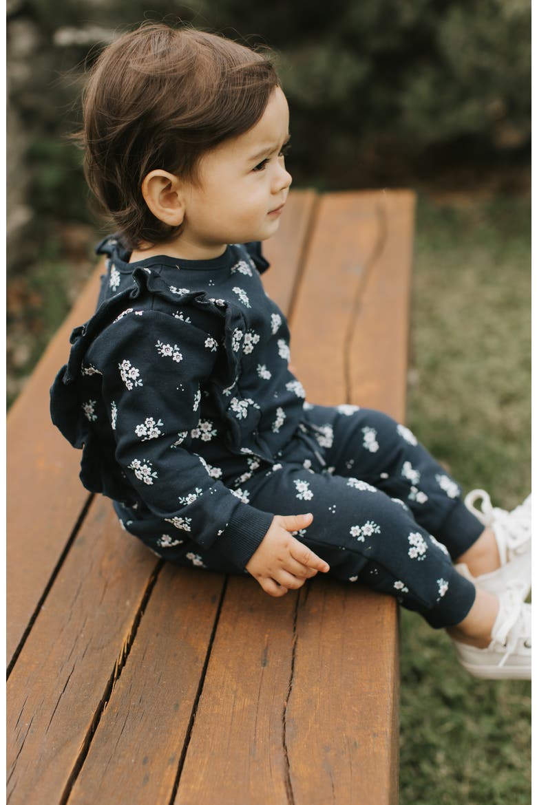 Floral Print Ruffle Fleece Sweatshirt & Joggers Set, Alternate, color, NAVY