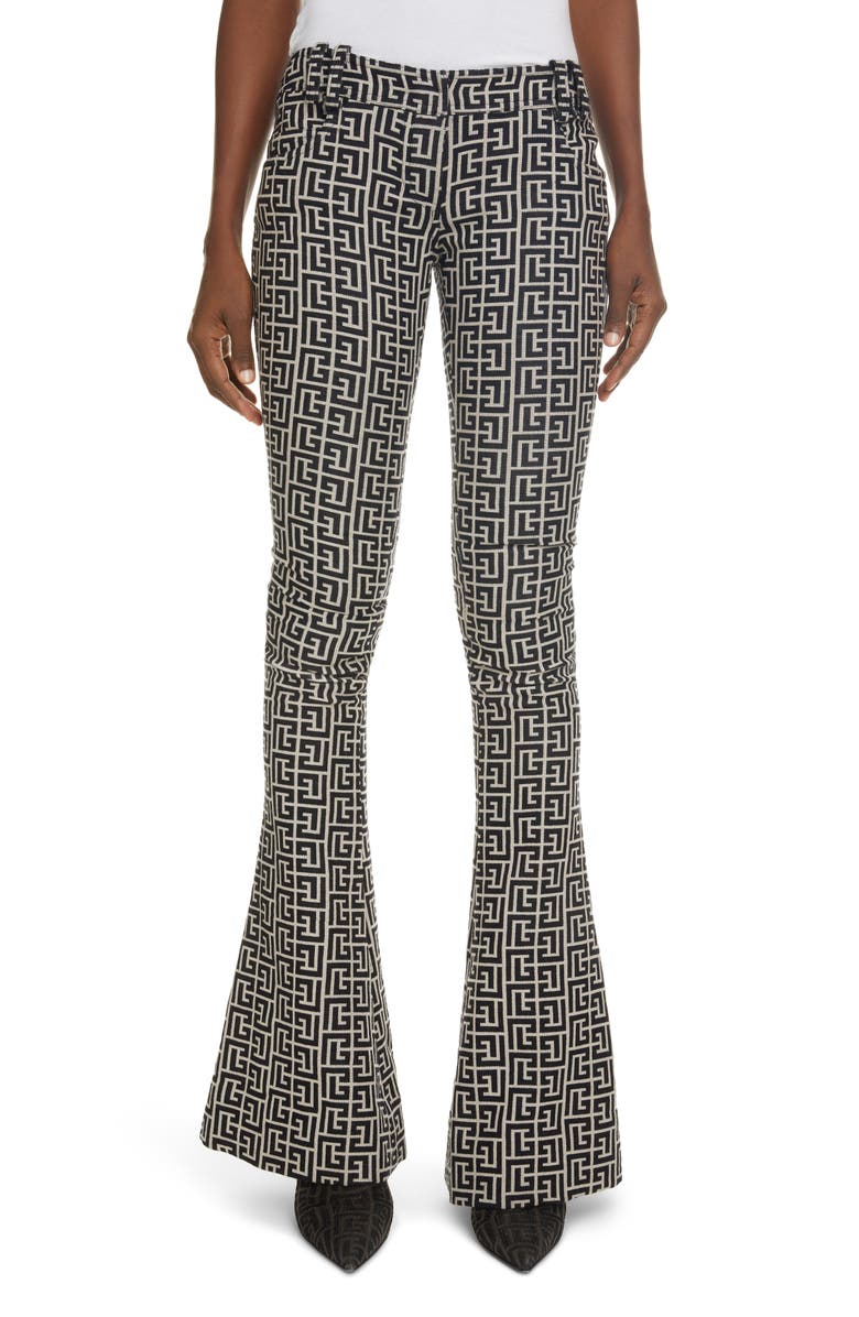 Balmain Monogram Jacquard Wool Bootcut Pants, Main, color, 