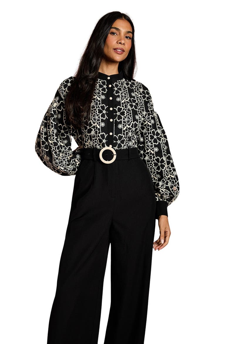 Blouson Sleeve Belted Wide Leg Jumpsuit, Alternate, color, Mono