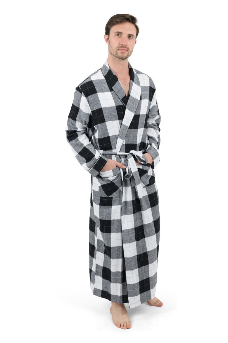 Men's Flannel Robe, 100% Cotton, Main, color, White/Black Plaid