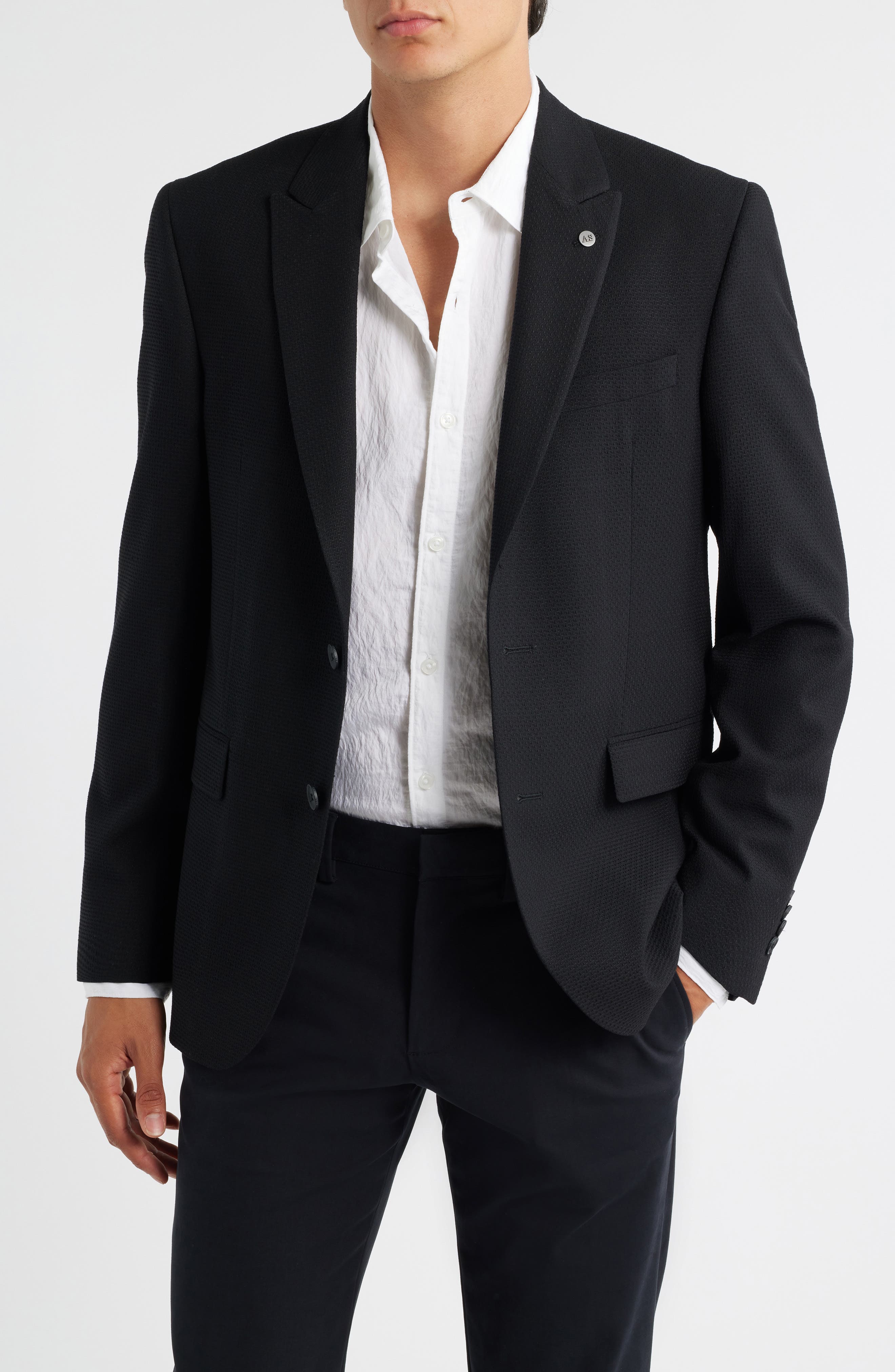 AllSaints Rawdon Slim Fit Black Textured Wool Blend Peak Lapel Sport Coat