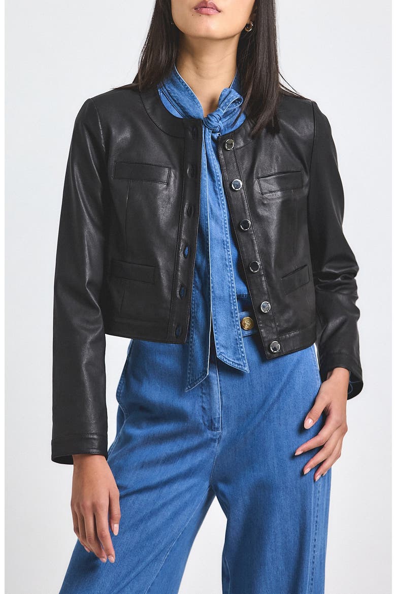 Penny Crop Stretch Leather Jacket, Main, color, BLACK