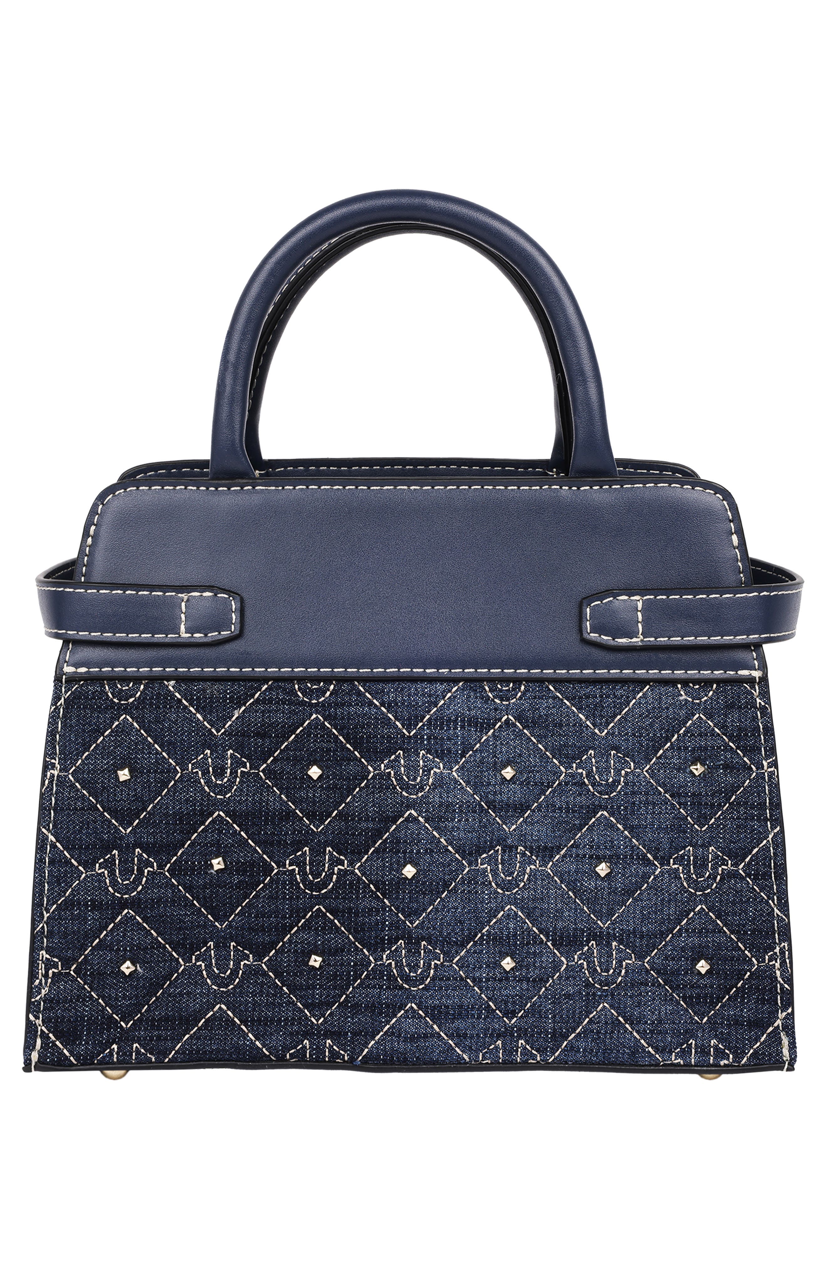 True Religion Studded Denim & Faux Leather Tote Bag, Alternate, color, 