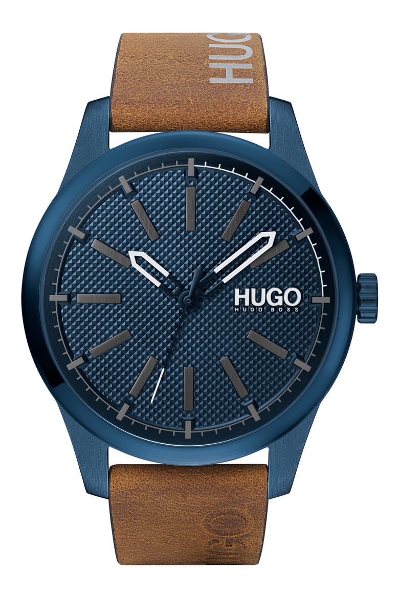 Invent Leather Strap Watch, 46mm, Main, color, BLUE