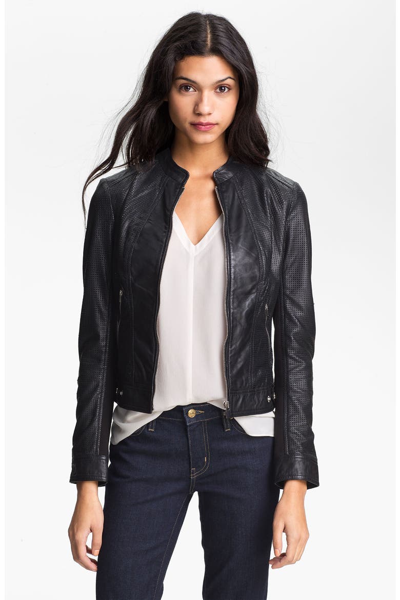 Perforated Leather Moto Jacket, Main, color, BLACK