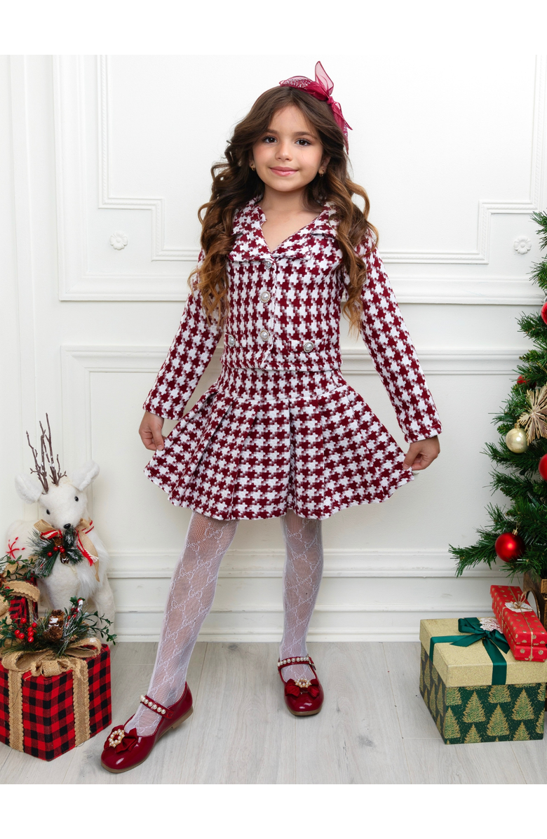 Mia Belle Girls Cute Festive Jacket and Pleated Skirt Set, Alternate, color, Burgundy
