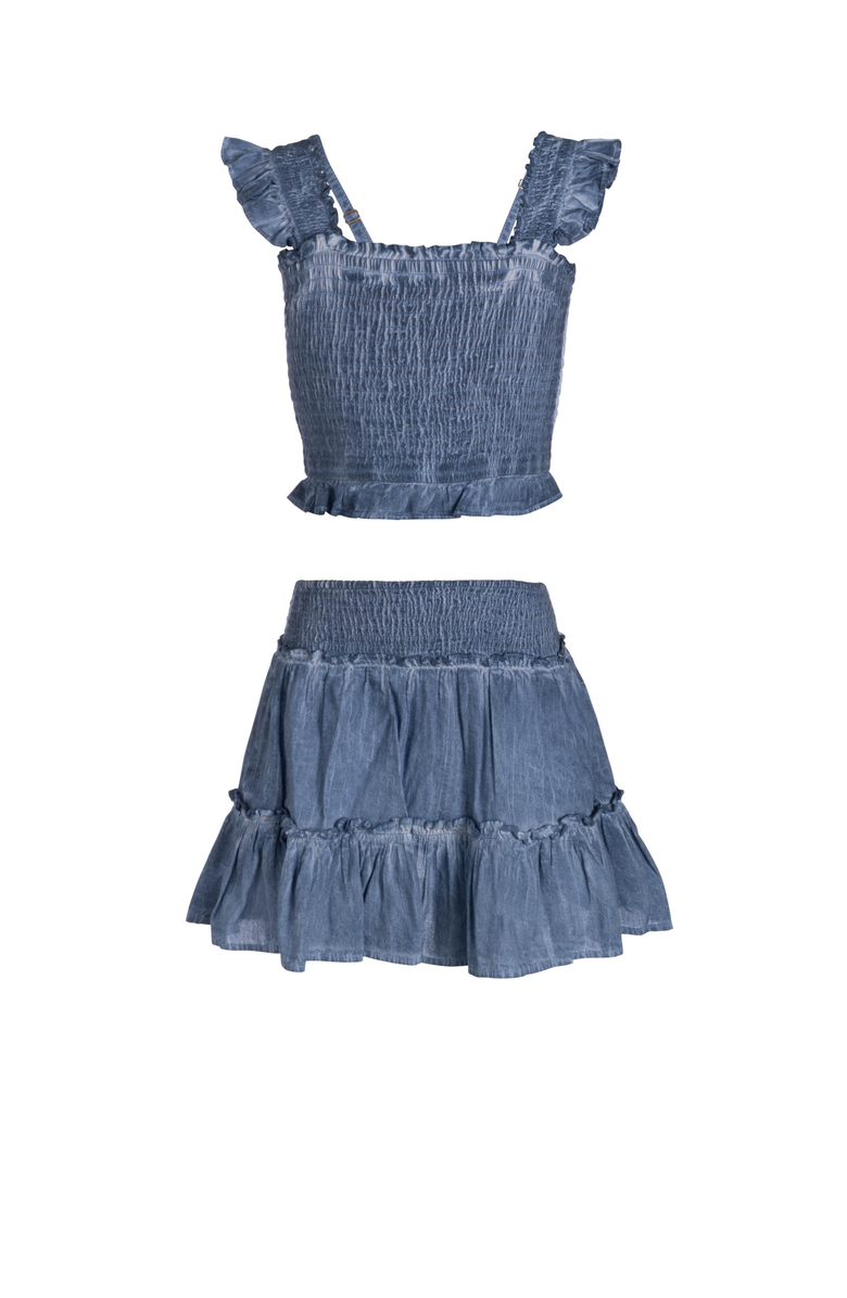 Change of Scenery Kayla Smocked Bodice Top & Ruffle Skirt Set, Main, color, Stonewash