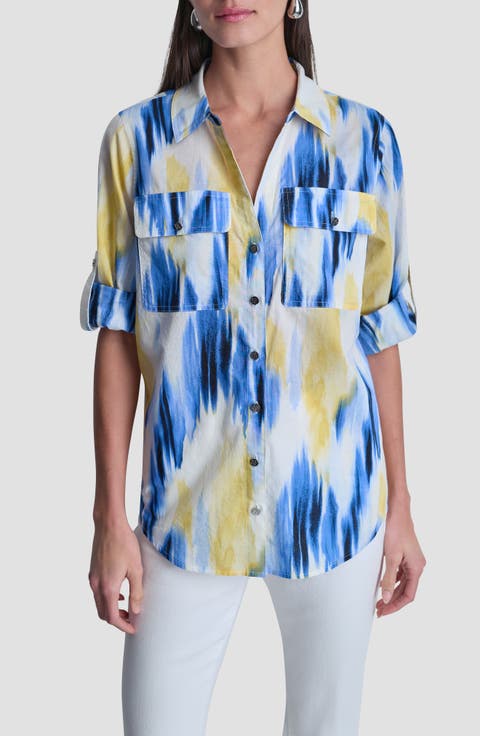Printed Roll-Tab Cuff Cotton Button-Up Shirt