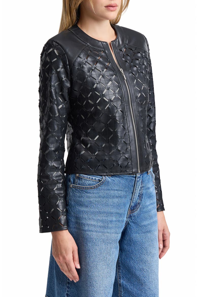 Laser-Cut Faux Leather Jacket, Alternate, color, BLACK