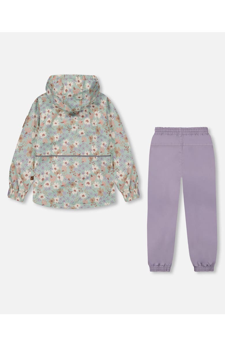 Deux par Deux Little Girl's Printed Jacket Two-Piece Mid-Season Outerwear Set Small White Flowers On Turquoise And Lilac., Alternate, color,
