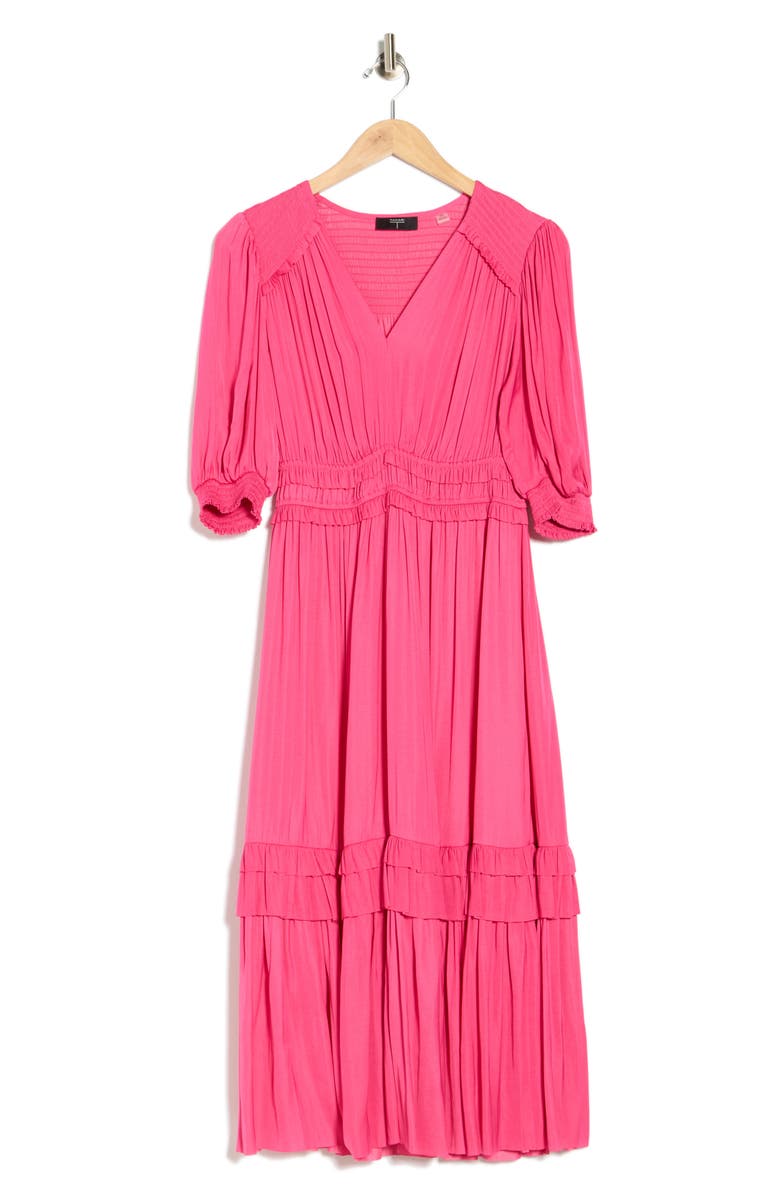 T Tahari Short Sleeve Tiered Fit & Flare Dress, Main, color, Tulip Pink