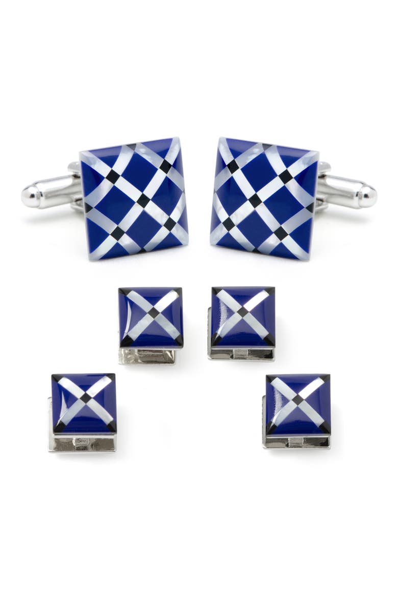 Mother-of-Pearl Diamond Cuff Link & Stud Set, Main, color, BLUE