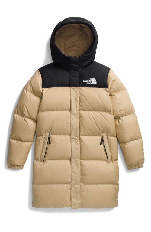 The North Face Kids' Retro 1996 Nuptse 700 Fill Power Down Packable Hooded Long Parka in Khaki Stone 