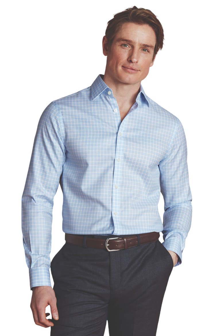 Triple Check Non-Iron Twill Slim Fit Shirt Single Cuff, Main, color, Sky Blue