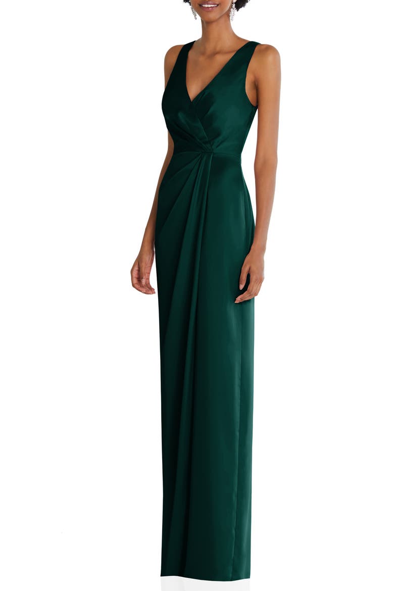 Sleeveless Satin Faux Wrap Gown, Alternate, color, EVERGREEN