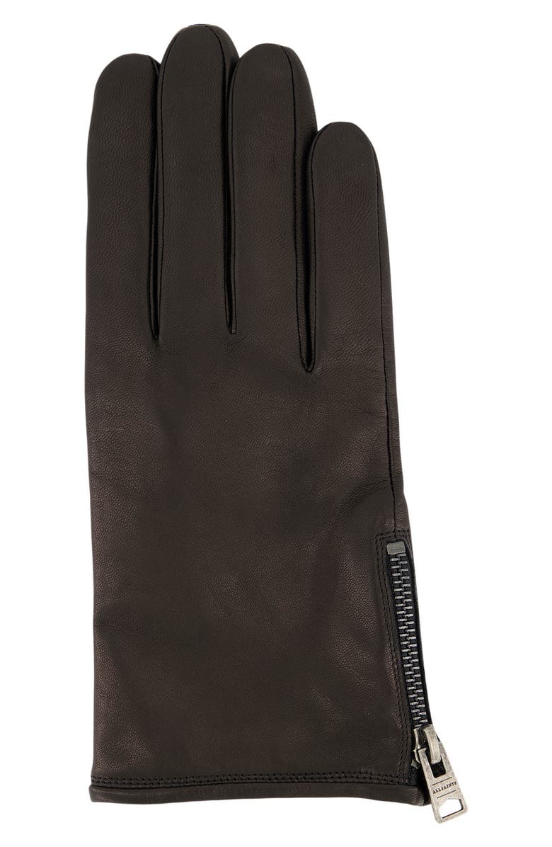 AllSaints Zip Leather Gloves, Alternate, color, Black