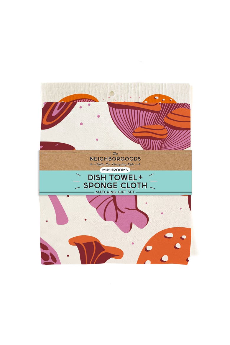 Mushroom Dish Towel + Sponge Cloth Gift Set, Alternate, color, Red