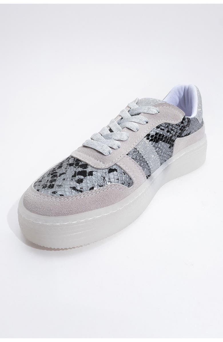 Prologue Shoes Rexie Glitter Sneakers, Alternate, color, Silver Print Faux Leather