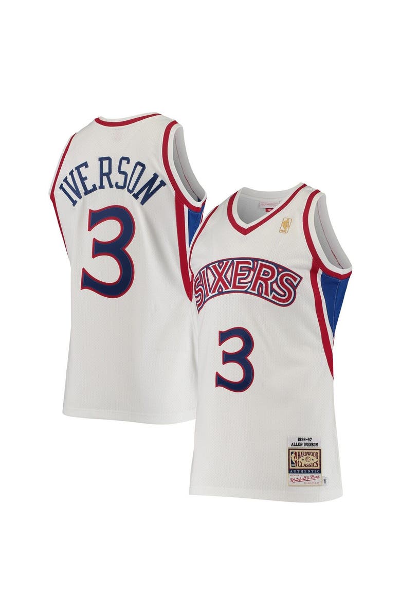 Mitchell & Ness Men's Mitchell & Ness Allen Iverson White Philadelphia 76ers Hardwood Classics Authentic Jersey, Main, color,