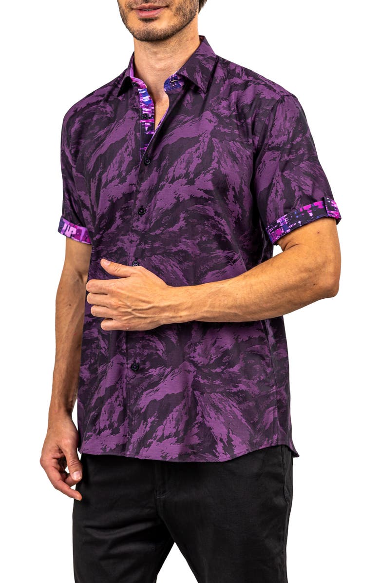 Maceoo Galileo Ascension 0081 Contemporary Fit Short Sleeve Button-Up Shirt, Alternate, color, Purple/Black