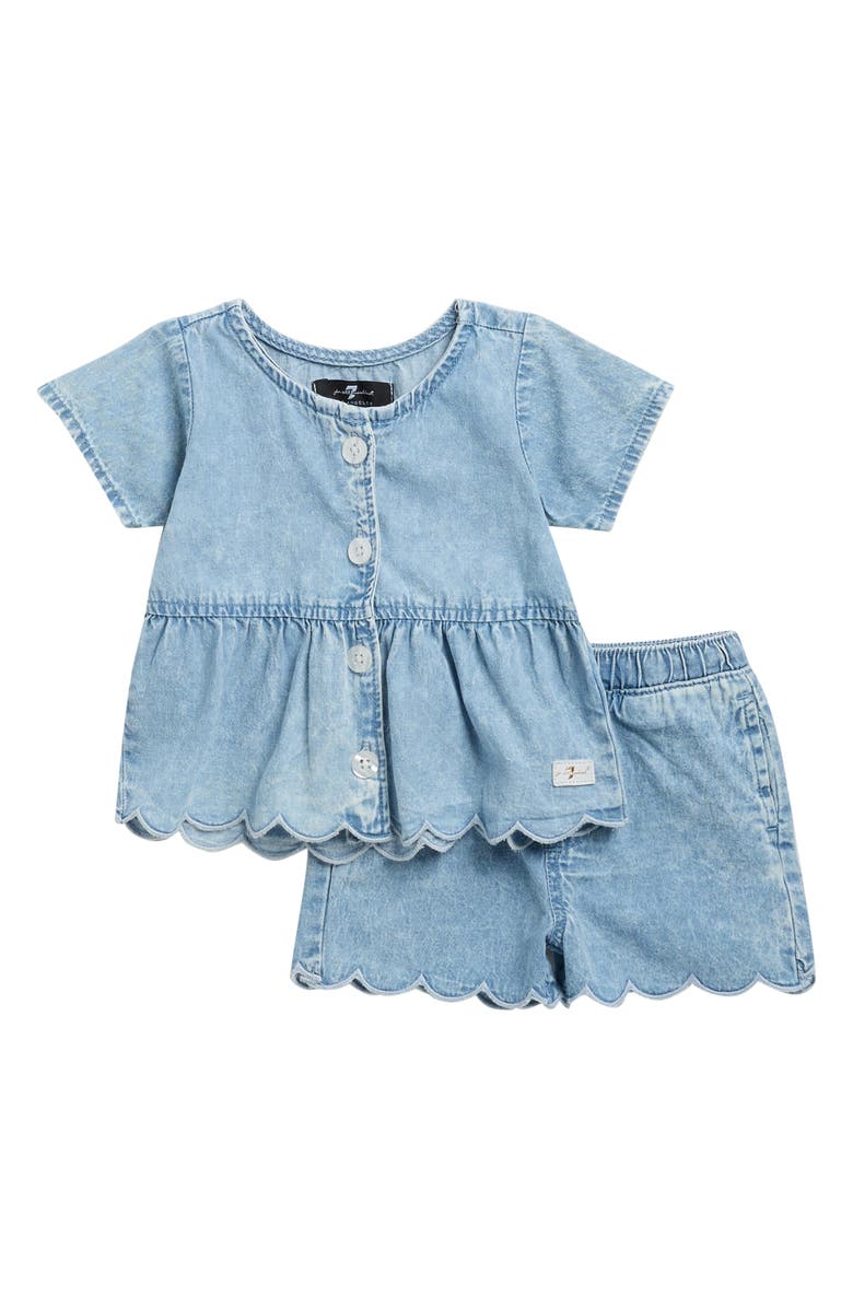 7 For All Mankind Scallop Denim Peplum Top & Shorts Set, Main, color, Light Vintage