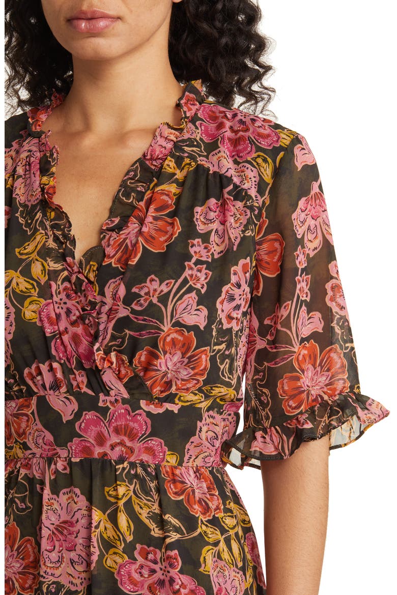 Floral Ruffle Faux Wrap Midi Dress, Alternate, color, OLIVE/ PINK CORAL