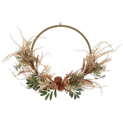 Fall Harvest Pale Roses with Foliage Artificial Wreath, 24-Inch, Unlit