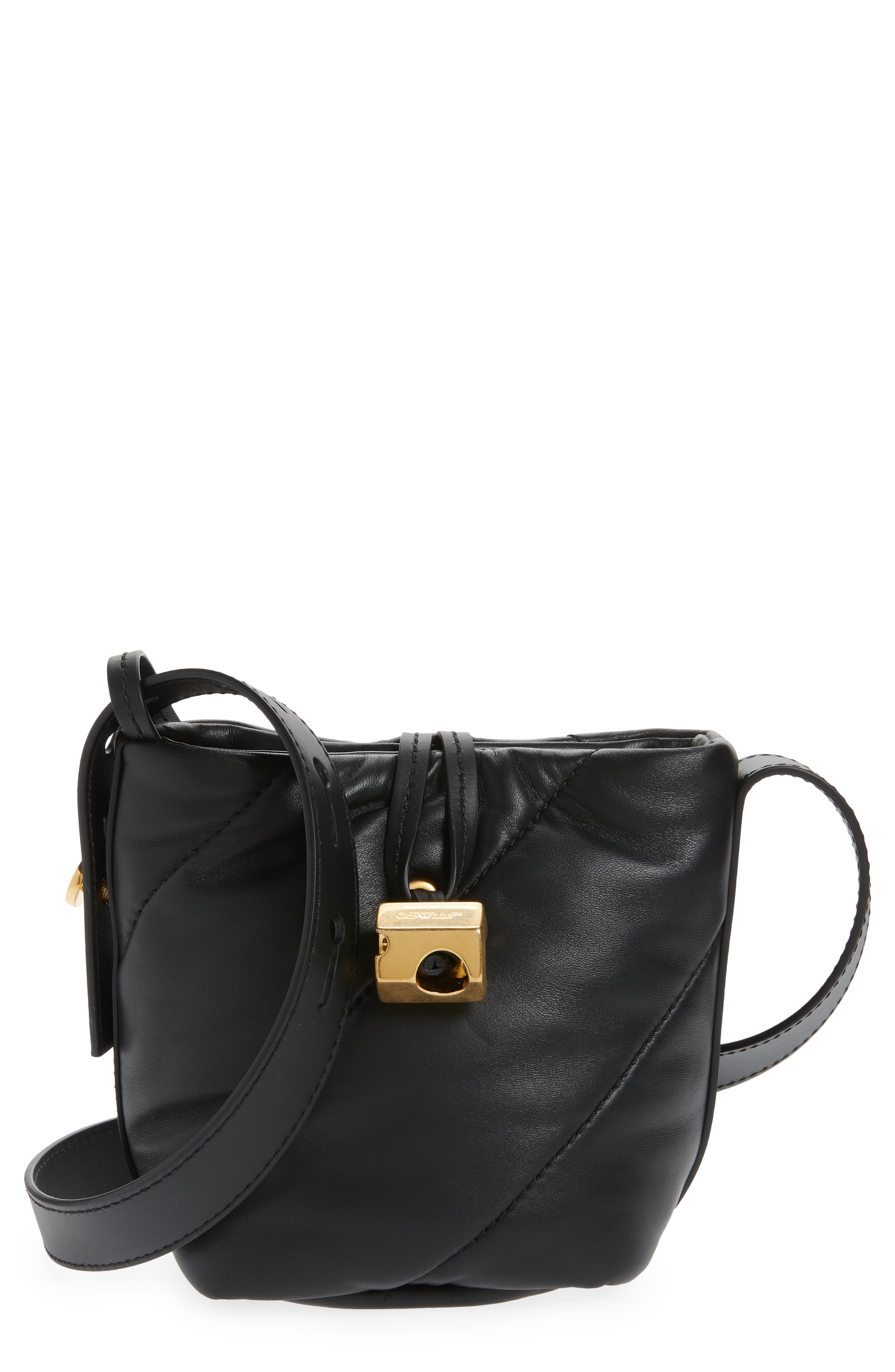 Nailed Quilted Leather Bucket Bag, Main, color, BLACK