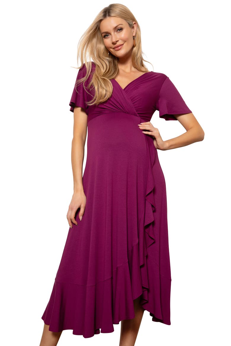 Waterfall Faux Wrap Maternity/Nursing Midi Dress, Alternate, color, PLUM WINE