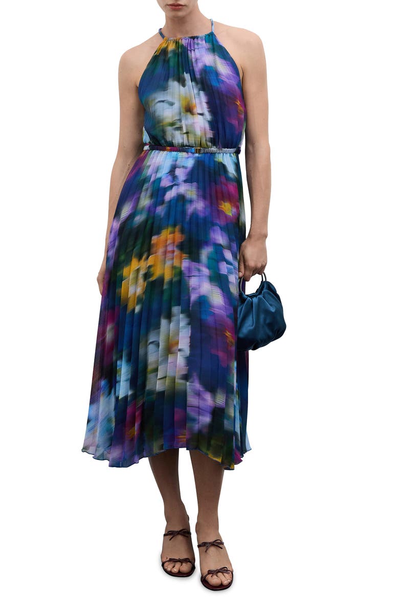 Floral Pleated Midi Dress, Main, color, BLUE