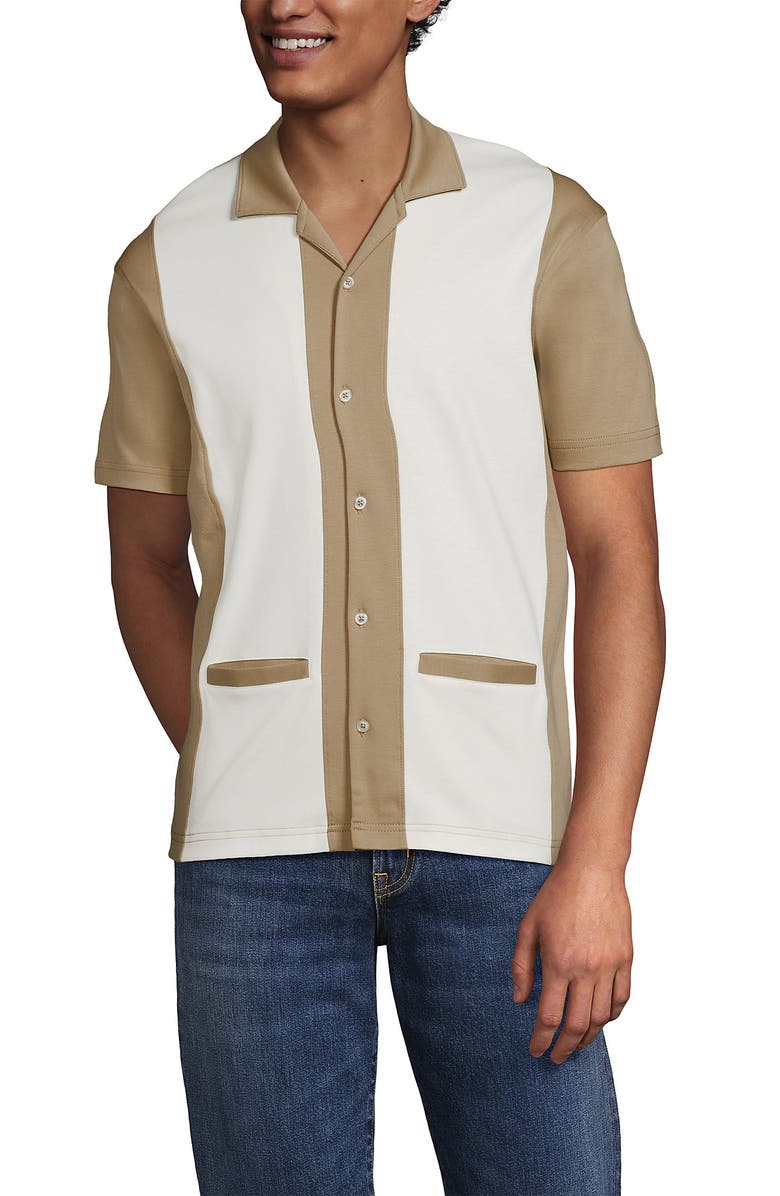 Lands' End Short Sleeve Supima Retro Camp Collar Button Through Shirt, Alternate, color, Desert Tan