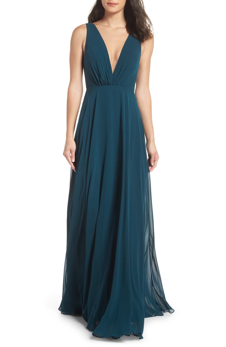 Jenny Yoo Ryan Illusion Neck Chiffon Gown, Main, color, 