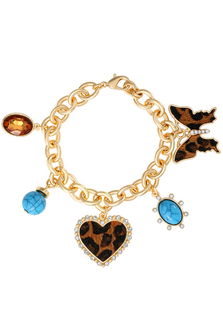 Crystal and Cheetah-Print Butterfly and Heart Charm Bracelet for Women 7.5", Gold-Tone, 5 Charms, Main, color, Gold-Tone